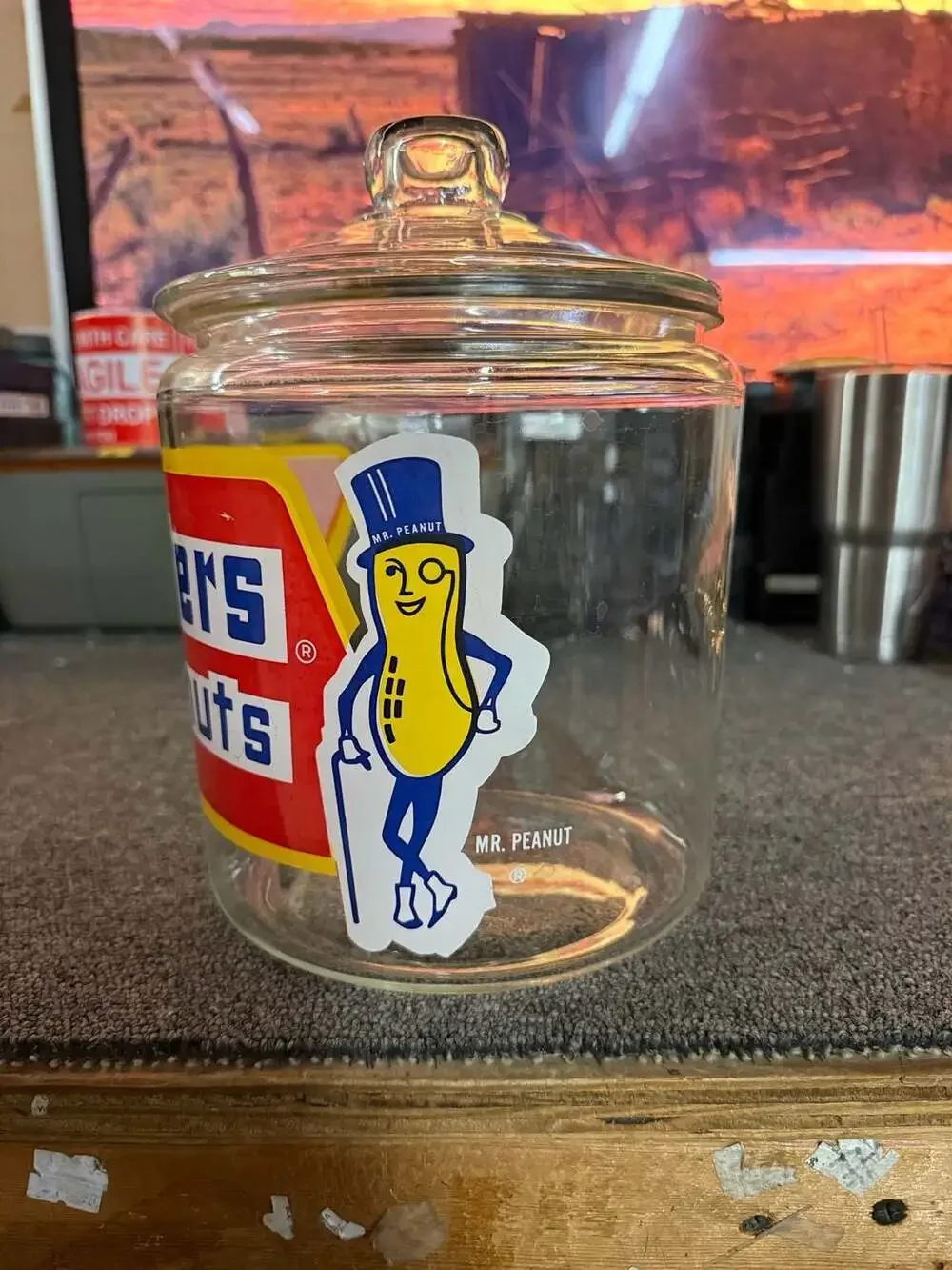 Vintage Planters Peanuts Glass Advertising Counter Jar with Lid
